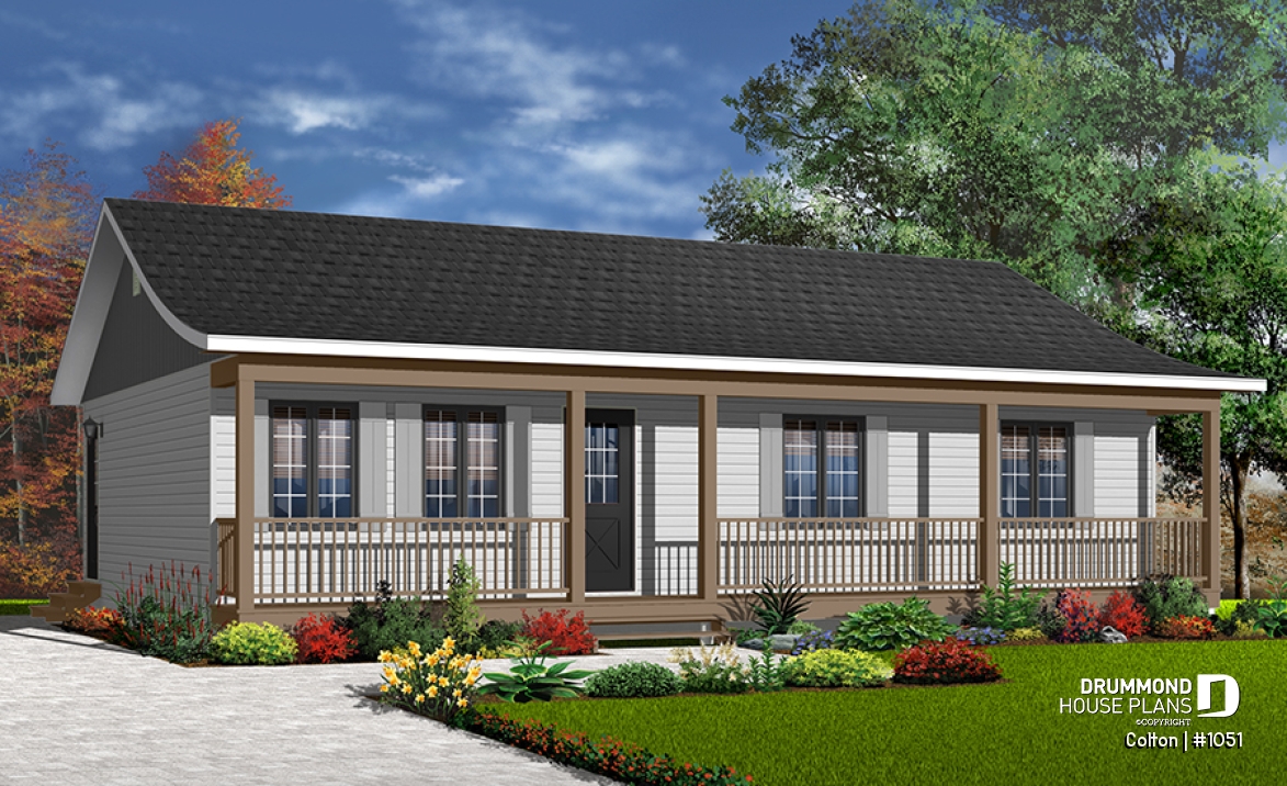 front - BASE MODEL - Economical 3 bedroom ranch style house plan, ideal for young families and first-home owners - Colton