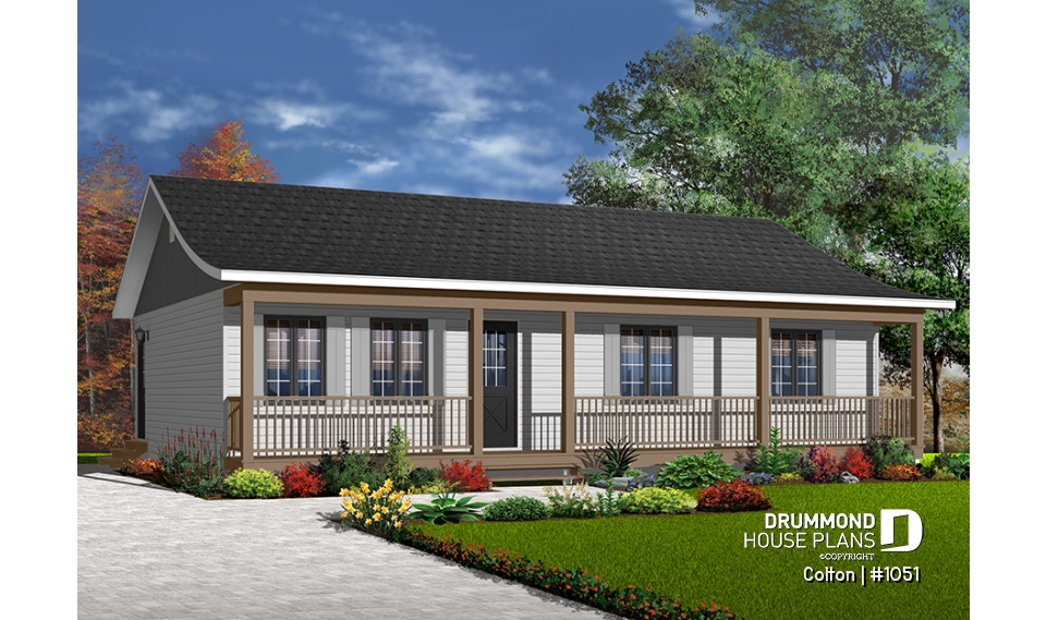 front - BASE MODEL - Economical 3 bedroom ranch style house plan, ideal for young families and first-home owners - Colton
