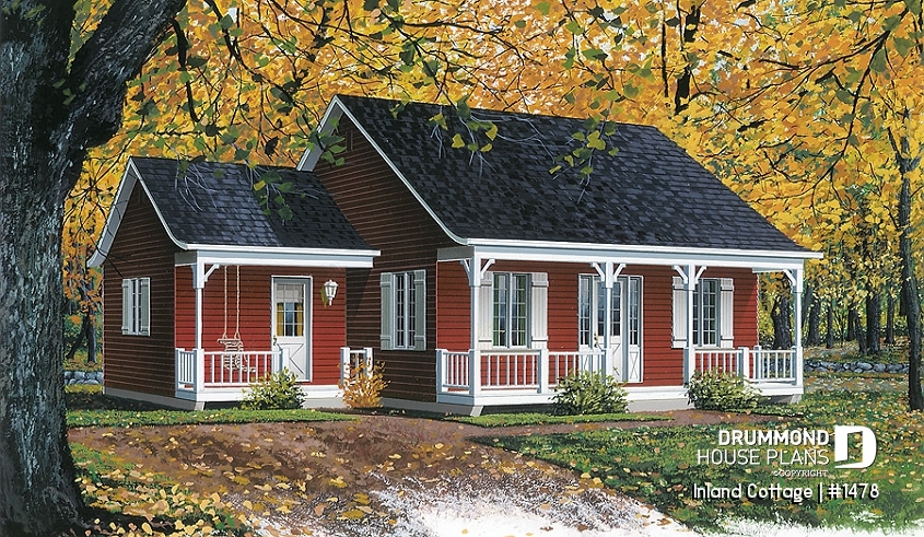 front - BASE MODEL - Classic and affordable ranch style house plan, 2 bedrooms, covered balcony, charming home - Inland Cottage