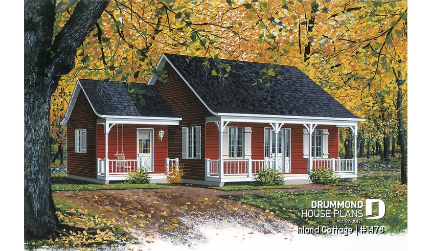 front - BASE MODEL - Classic and affordable ranch style house plan, 2 bedrooms, covered balcony, charming home - Inland Cottage