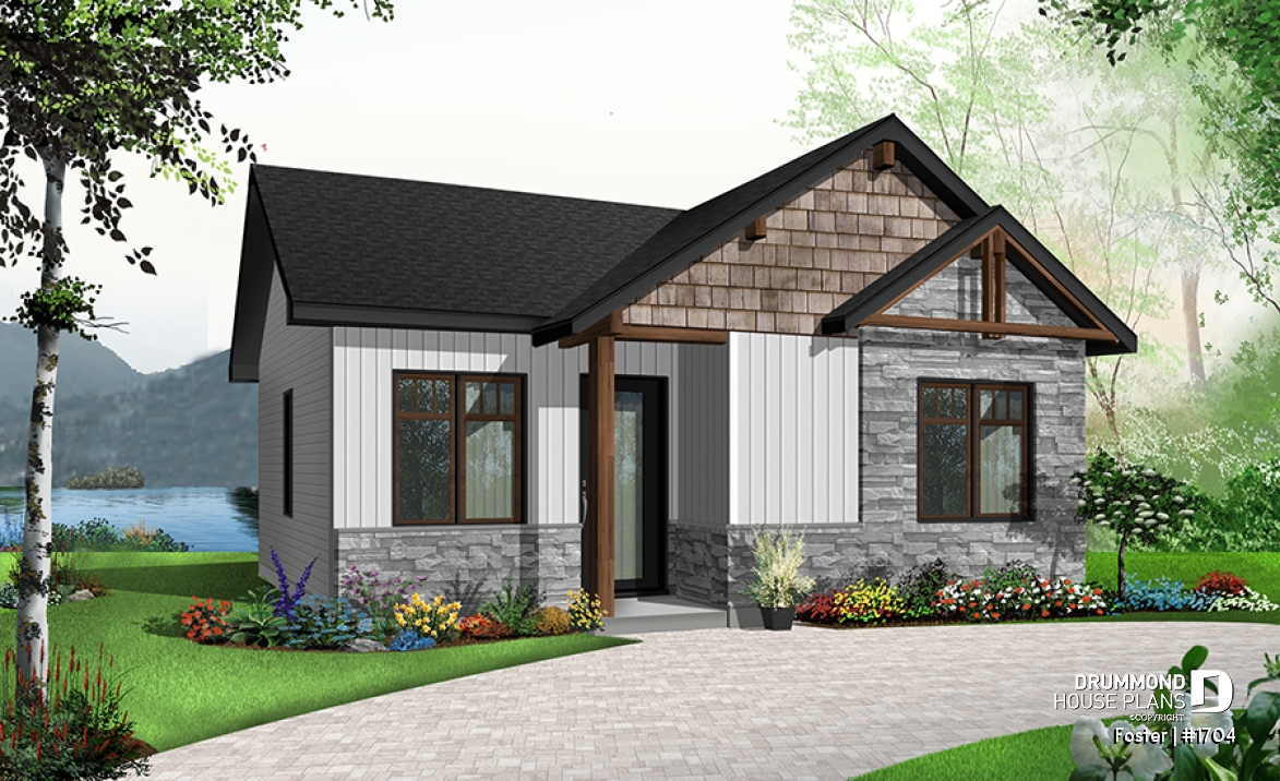 Color version 3 - Front - Small tiny modern home plan, 2 bedrooms, full bathroom, open floor plan, laundry closet - Foster