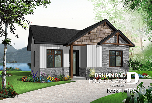 Color version 3 - Front - Small tiny modern home plan, 2 bedrooms, full bathroom, open floor plan, laundry closet - Foster