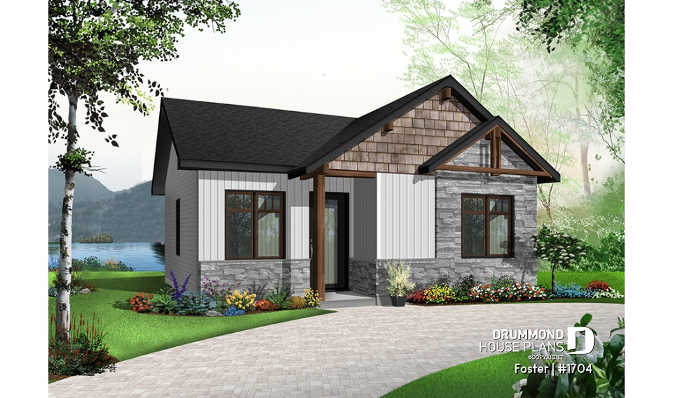 Color version 3 - Front - Small tiny modern home plan, 2 bedrooms, full bathroom, open floor plan, laundry closet - Foster