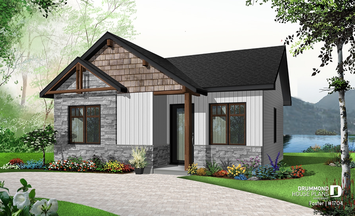 Color version 3 - Front - Small tiny modern home plan, 2 bedrooms, full bathroom, open floor plan, laundry closet - Foster