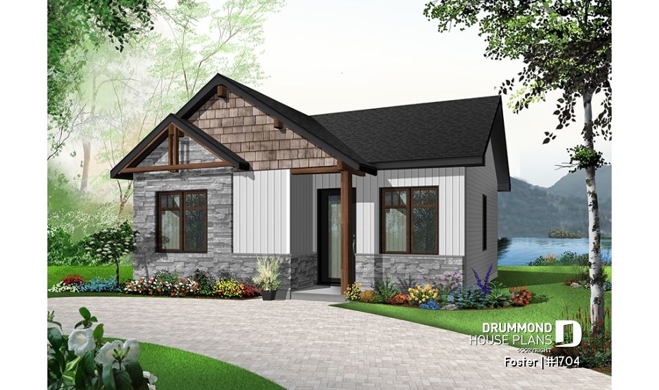 Color version 3 - Front - Small tiny modern home plan, 2 bedrooms, full bathroom, open floor plan, laundry closet - Foster