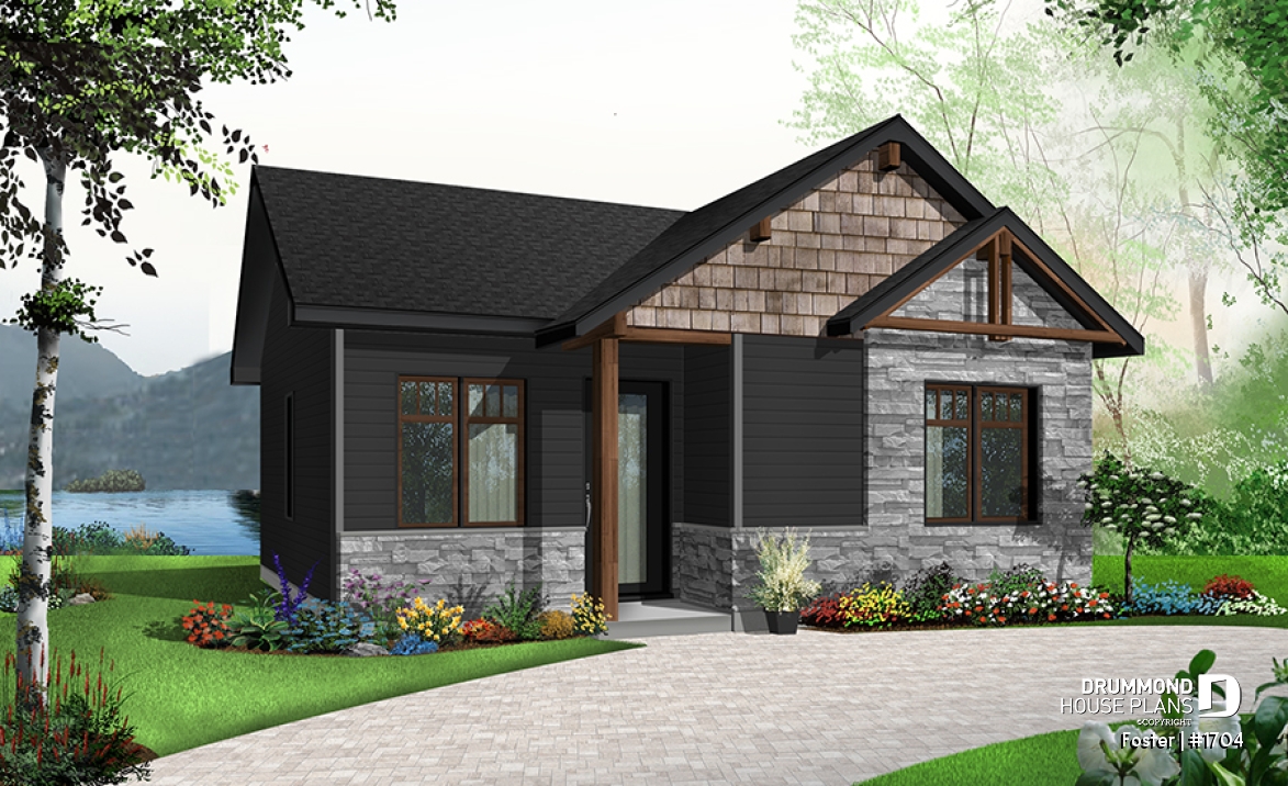 Color version 7 - Front - Small tiny modern home plan, 2 bedrooms, full bathroom, open floor plan, laundry closet - Foster