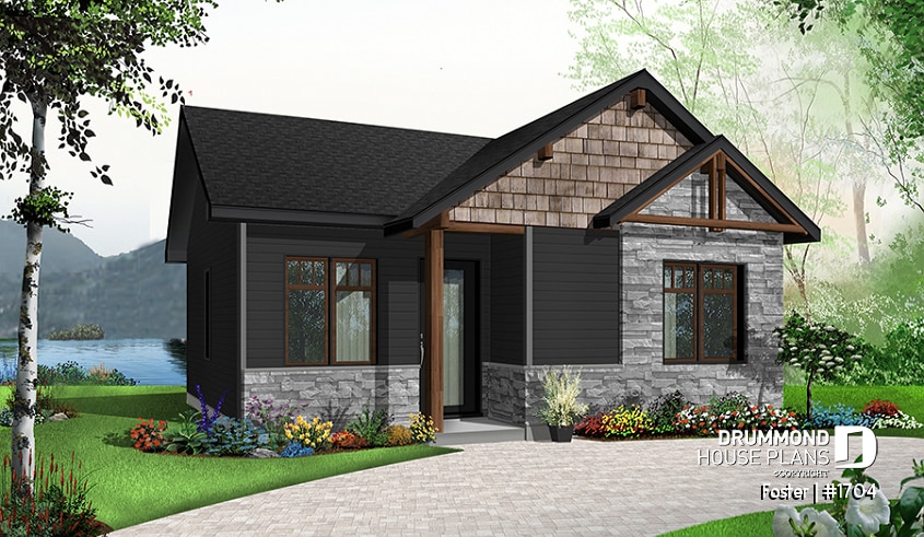 Color version 7 - Front - Small tiny modern home plan, 2 bedrooms, full bathroom, open floor plan, laundry closet - Foster