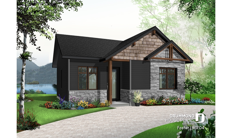 Color version 7 - Front - Small tiny modern home plan, 2 bedrooms, full bathroom, open floor plan, laundry closet - Foster