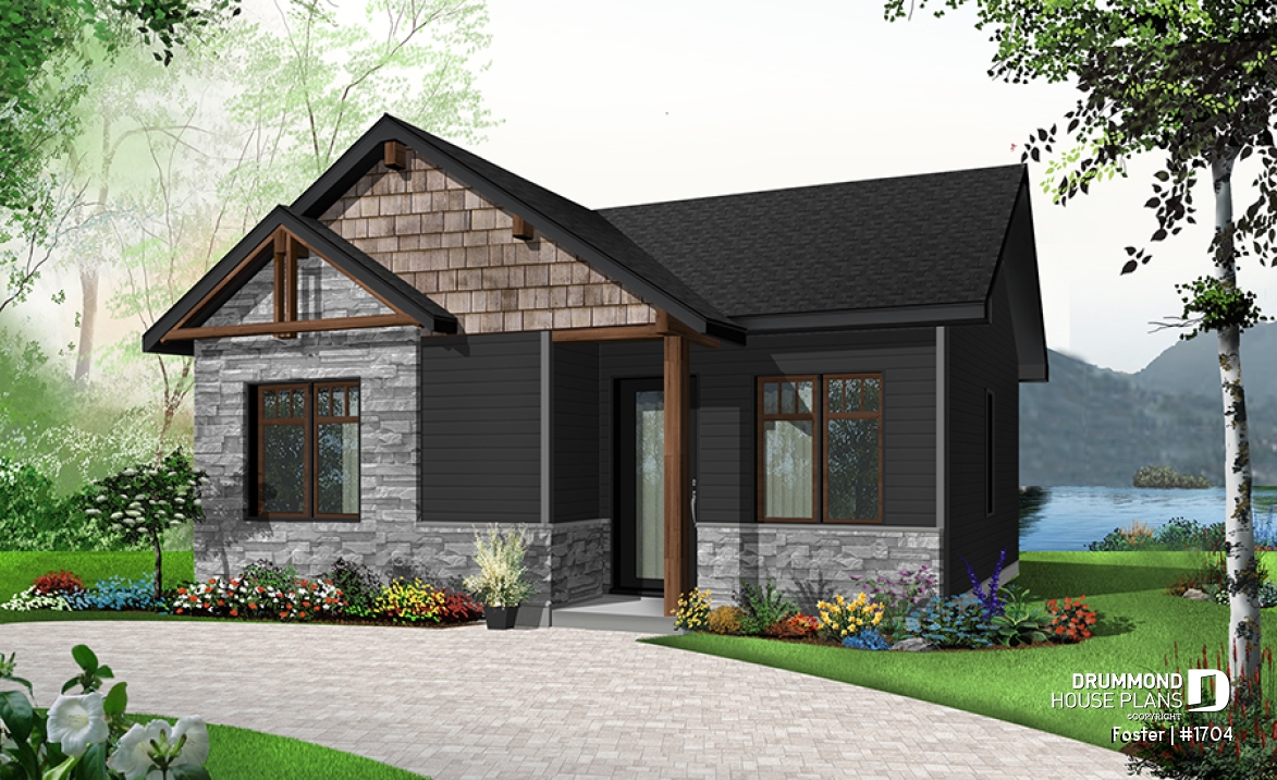 Color version 7 - Front - Small tiny modern home plan, 2 bedrooms, full bathroom, open floor plan, laundry closet - Foster
