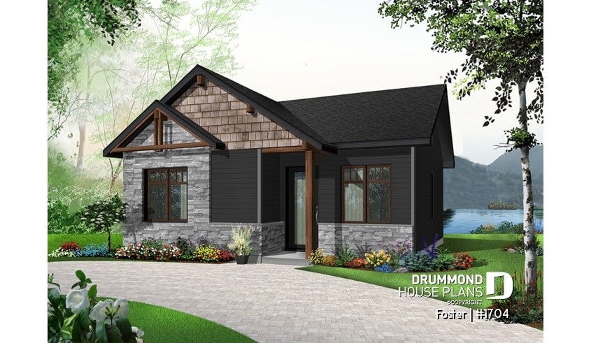 Color version 7 - Front - Small tiny modern home plan, 2 bedrooms, full bathroom, open floor plan, laundry closet - Foster