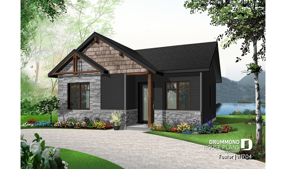 Color version 7 - Front - Small tiny modern home plan, 2 bedrooms, full bathroom, open floor plan, laundry closet - Foster