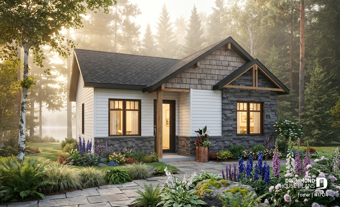 front - BASE MODEL - Small tiny modern home plan, 2 bedrooms, full bathroom, open floor plan, laundry closet - Foster