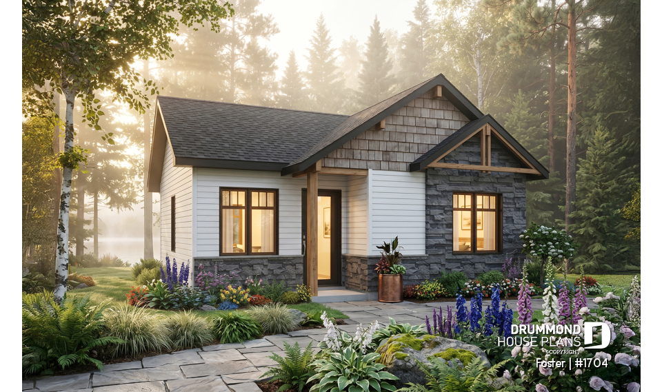 front - BASE MODEL - Small tiny modern home plan, 2 bedrooms, full bathroom, open floor plan, laundry closet - Foster