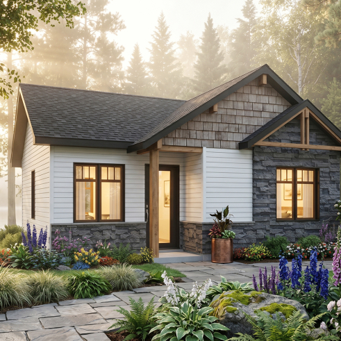 front - BASE MODEL - Small tiny modern home plan, 2 bedrooms, full bathroom, open floor plan, laundry closet - Foster