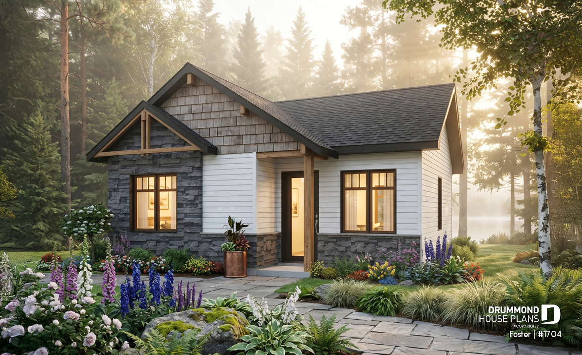 front - BASE MODEL - Small tiny modern home plan, 2 bedrooms, full bathroom, open floor plan, laundry closet - Foster