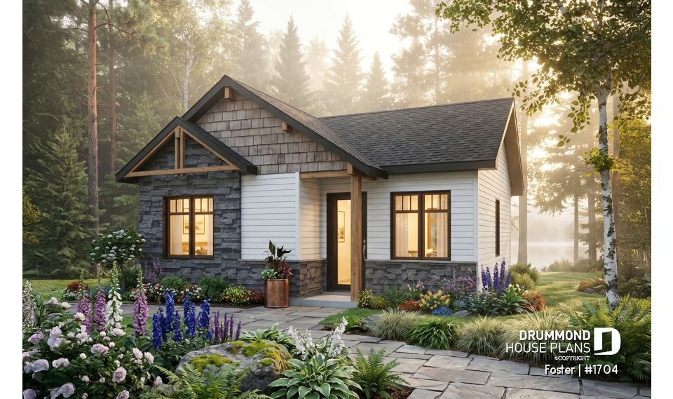 front - BASE MODEL - Small tiny modern home plan, 2 bedrooms, full bathroom, open floor plan, laundry closet - Foster