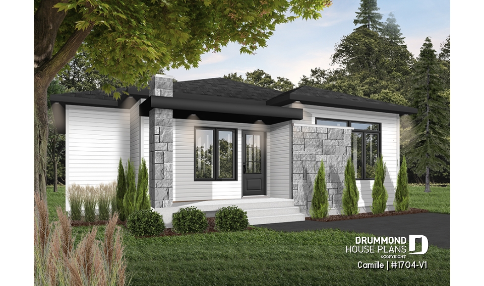 Color version 4 - Front - Mid-Century Modern House Plan, 9' ceiling, Open Concept, Kitchen with Pantry - Camille