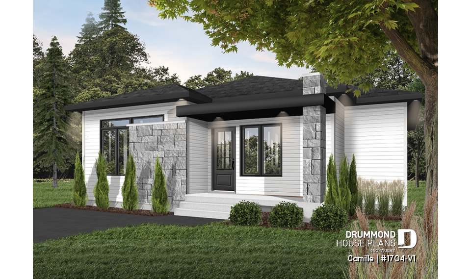 Color version 4 - Front - Mid-Century Modern House Plan, 9' ceiling, Open Concept, Kitchen with Pantry - Camille