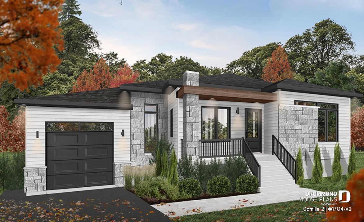 Color version 5 - Front - 2 bedroom mid-century bungalow with garage, mud room, pantry and living space located at the back - Camille 2