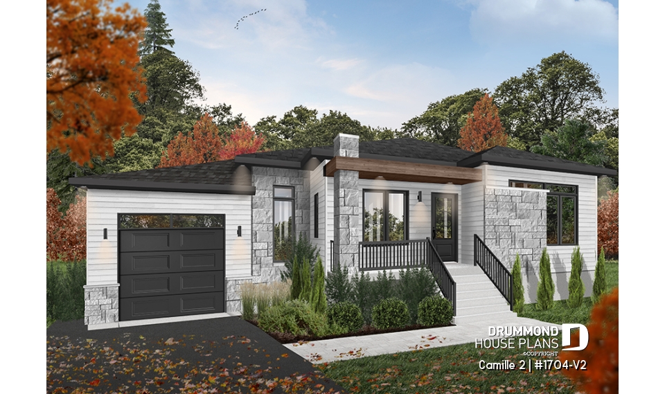 Color version 5 - Front - 2 bedroom mid-century bungalow with garage, mud room, pantry and living space located at the back - Camille 2