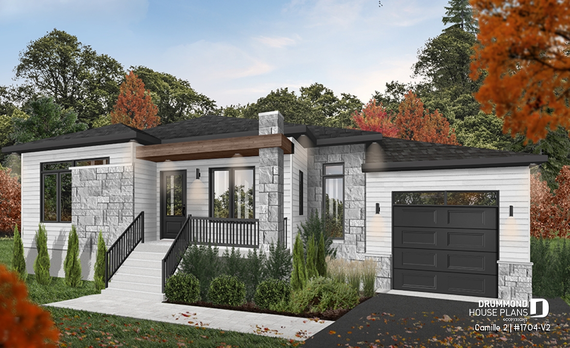 Color version 5 - Front - 2 bedroom mid-century bungalow with garage, mud room, pantry and living space located at the back - Camille 2