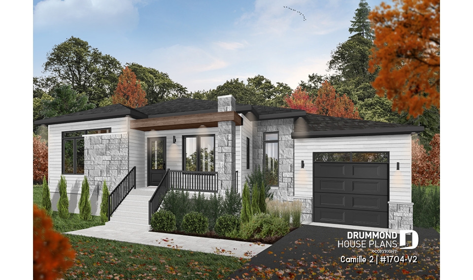 Color version 5 - Front - 2 bedroom mid-century bungalow with garage, mud room, pantry and living space located at the back - Camille 2