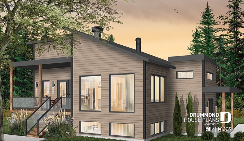 Color version 1 - Left - Small modern house plan for corner lot, master suite, open space, huge windows, panoramic view - Billy