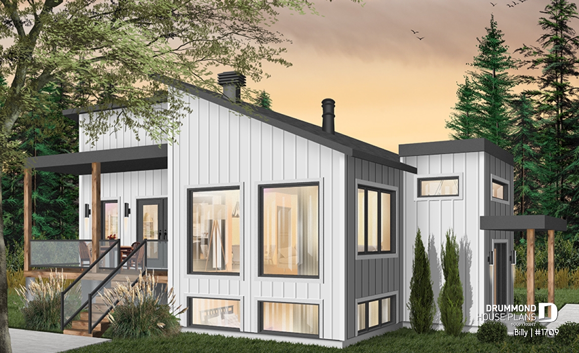 Color version 2 - Left - Small modern house plan for corner lot, master suite, open space, huge windows, panoramic view - Billy