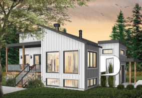 Color version 2 - Left - Small modern house plan for corner lot, master suite, open space, huge windows, panoramic view - Billy