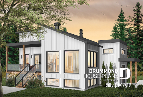 Color version 2 - Left - Small modern house plan for corner lot, master suite, open space, huge windows, panoramic view - Billy