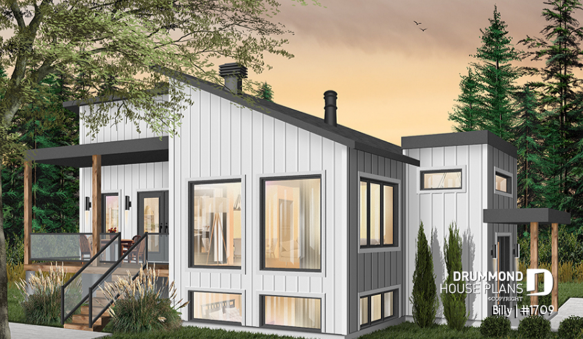 Color version 2 - Left - Small modern house plan for corner lot, master suite, open space, huge windows, panoramic view - Billy