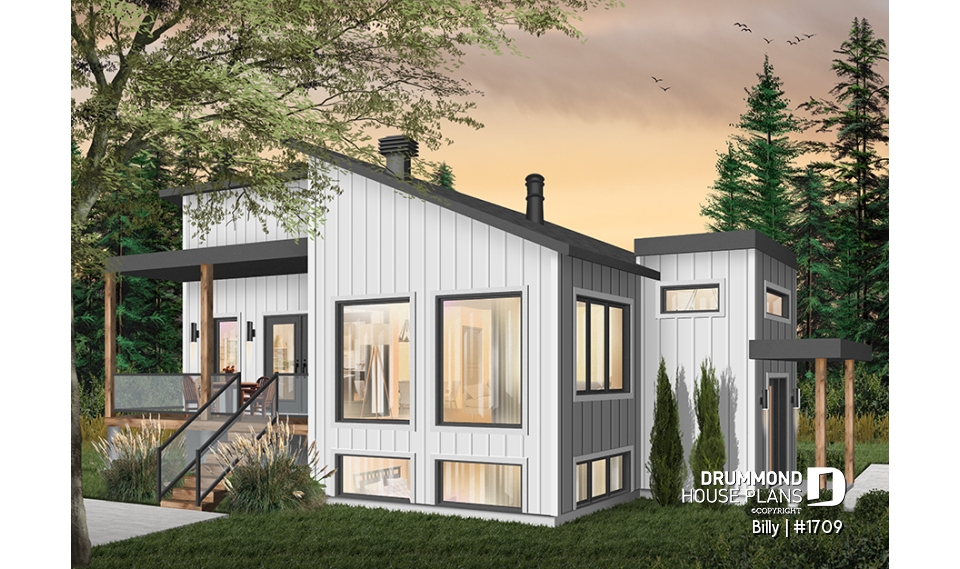 Color version 2 - Left - Small modern house plan for corner lot, master suite, open space, huge windows, panoramic view - Billy