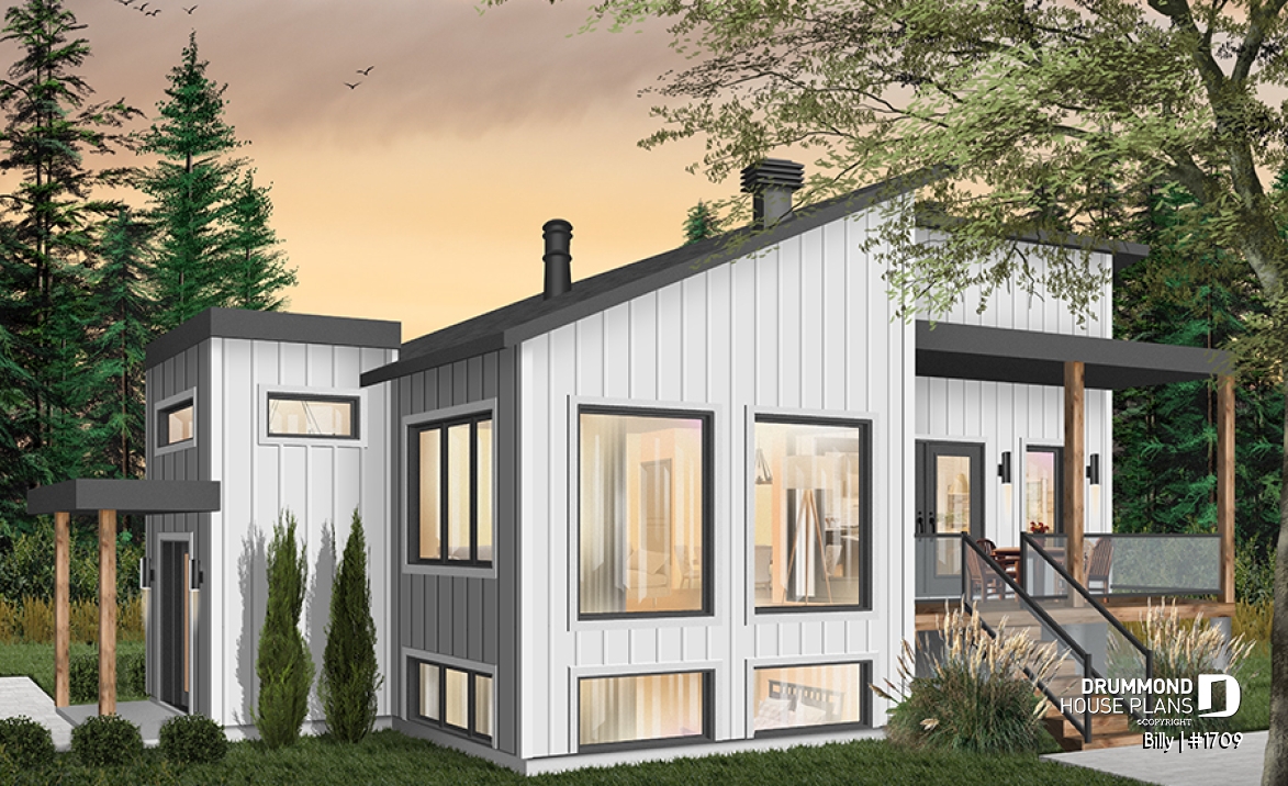 Color version 2 - Left - Small modern house plan for corner lot, master suite, open space, huge windows, panoramic view - Billy