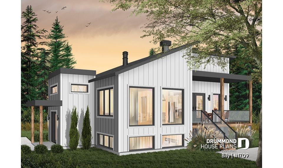 Color version 2 - Left - Small modern house plan for corner lot, master suite, open space, huge windows, panoramic view - Billy