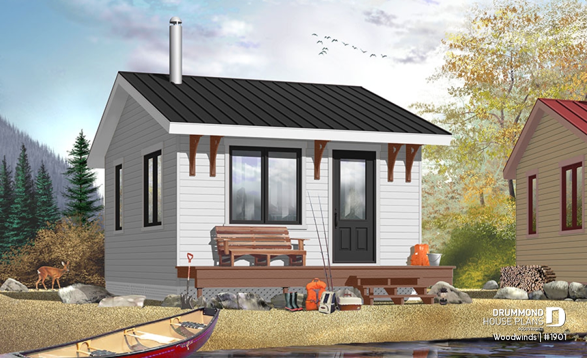 front - BASE MODEL - Small 1 bedroom cabin house plan, 1 shower room, options for 3 or 4-season included, wood stove - Woodwinds