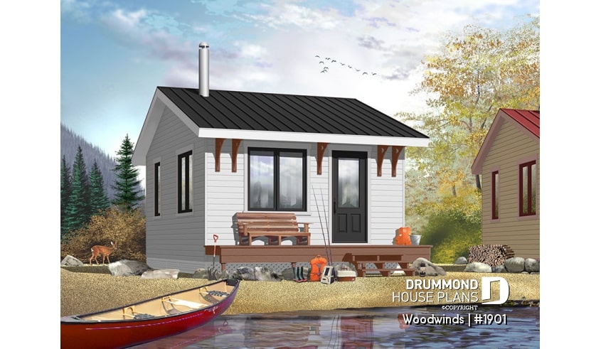 front - BASE MODEL - Small 1 bedroom cabin house plan, 1 shower room, options for 3 or 4-season included, wood stove - Woodwinds