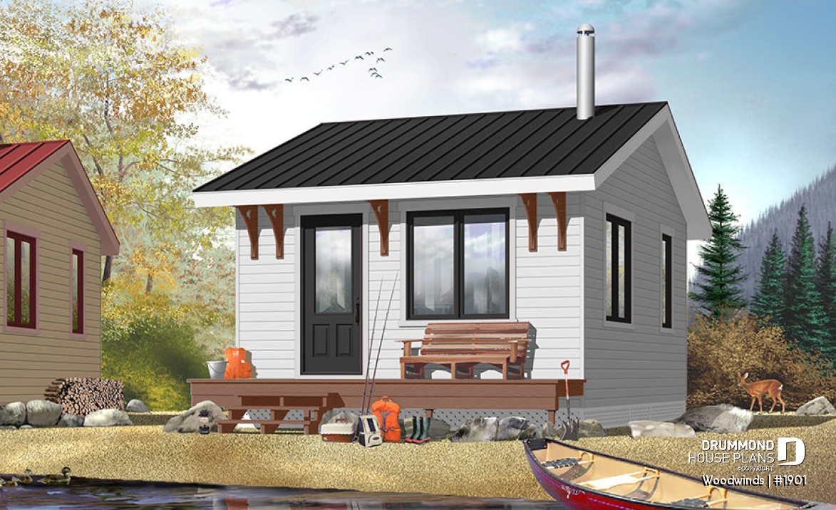 front - BASE MODEL - Small 1 bedroom cabin house plan, 1 shower room, options for 3 or 4-season included, wood stove - Woodwinds