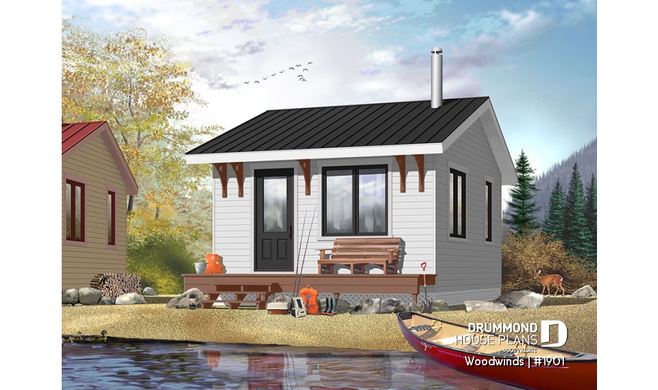 front - BASE MODEL - Small 1 bedroom cabin house plan, 1 shower room, options for 3 or 4-season included, wood stove - Woodwinds