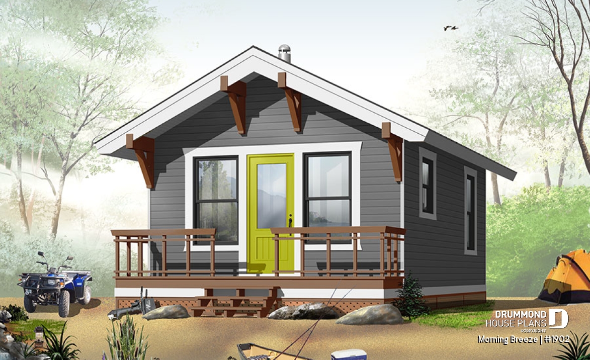 front - BASE MODEL - Low-budget small tiny one-bedroom cabin home plan, open floor plan, front balcony - Morning Breeze