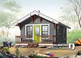 front - BASE MODEL - Low-budget small tiny one-bedroom cabin home plan, open floor plan, front balcony - Morning Breeze