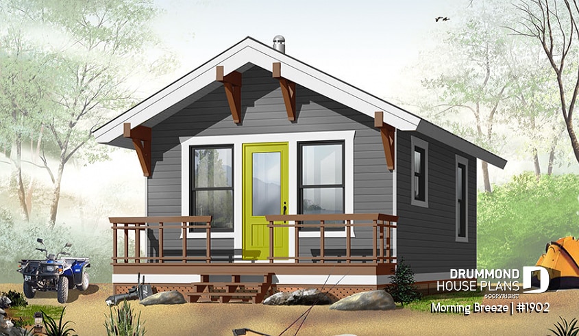front - BASE MODEL - Low-budget small tiny one-bedroom cabin home plan, open floor plan, front balcony - Morning Breeze