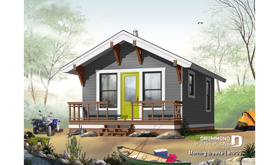 front - BASE MODEL - Low-budget small tiny one-bedroom cabin home plan, open floor plan, front balcony - Morning Breeze