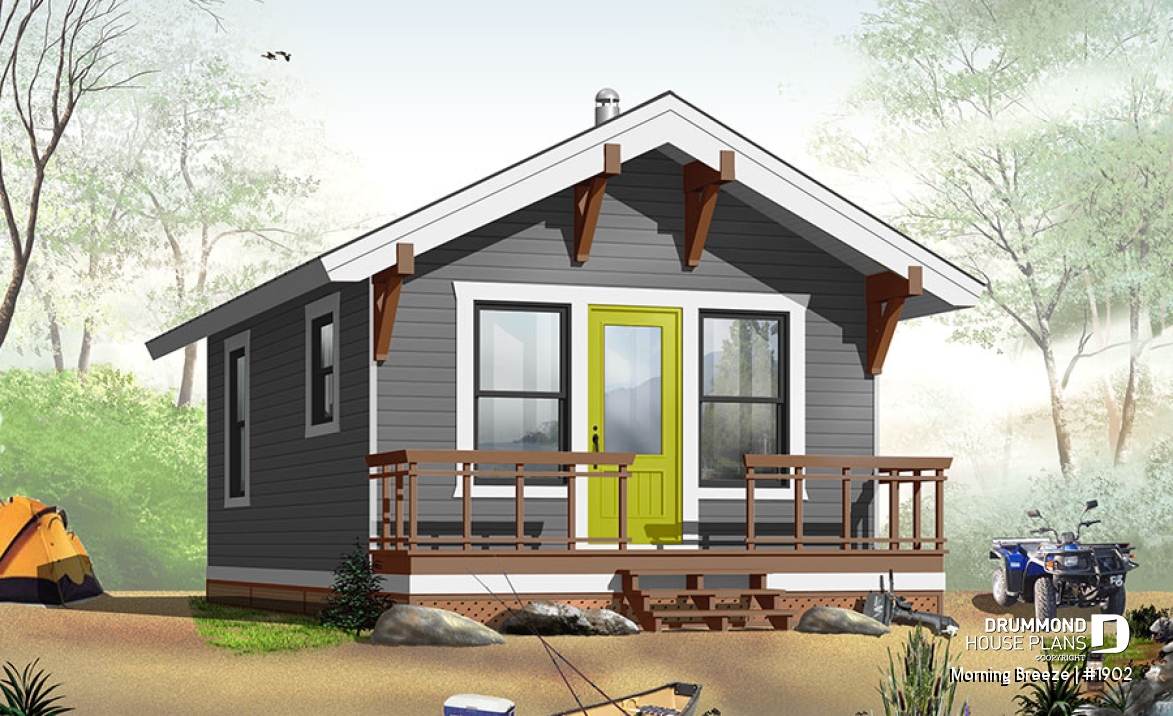 front - BASE MODEL - Low-budget small tiny one-bedroom cabin home plan, open floor plan, front balcony - Morning Breeze