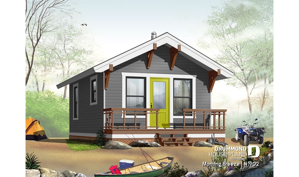 front - BASE MODEL - Low-budget small tiny one-bedroom cabin home plan, open floor plan, front balcony - Morning Breeze