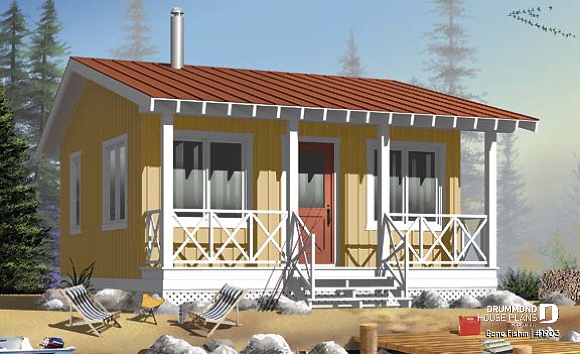 front - BASE MODEL - Small 3 and 4-season cabin plan, economical, large covered balcony, open concept, micro house - Gone Fishin