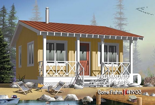 front - BASE MODEL - Small 3 and 4-season cabin plan, economical, large covered balcony, open concept, micro house - Gone Fishin