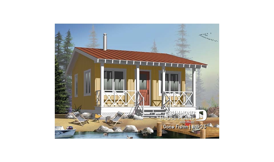 front - BASE MODEL - Small 3 and 4-season cabin plan, economical, large covered balcony, open concept, micro house - Gone Fishin