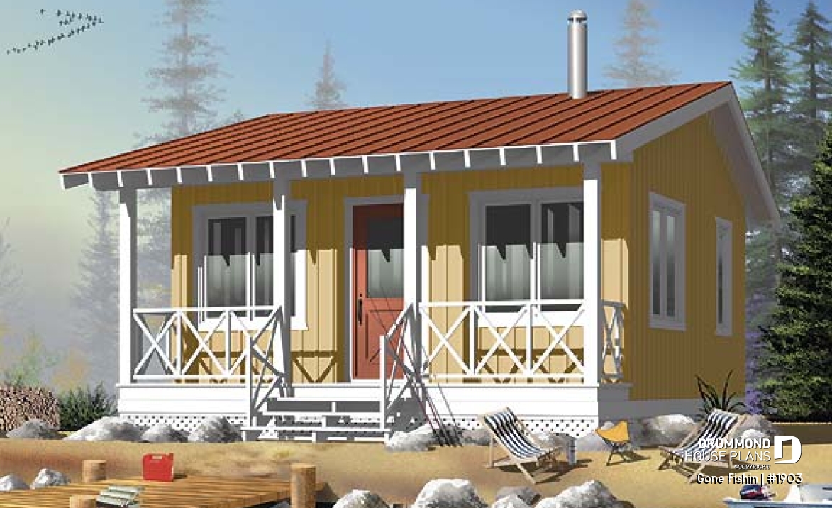 front - BASE MODEL - Small 3 and 4-season cabin plan, economical, large covered balcony, open concept, micro house - Gone Fishin
