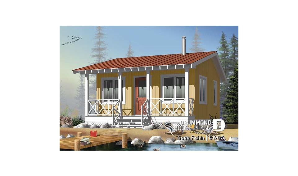 front - BASE MODEL - Small 3 and 4-season cabin plan, economical, large covered balcony, open concept, micro house - Gone Fishin