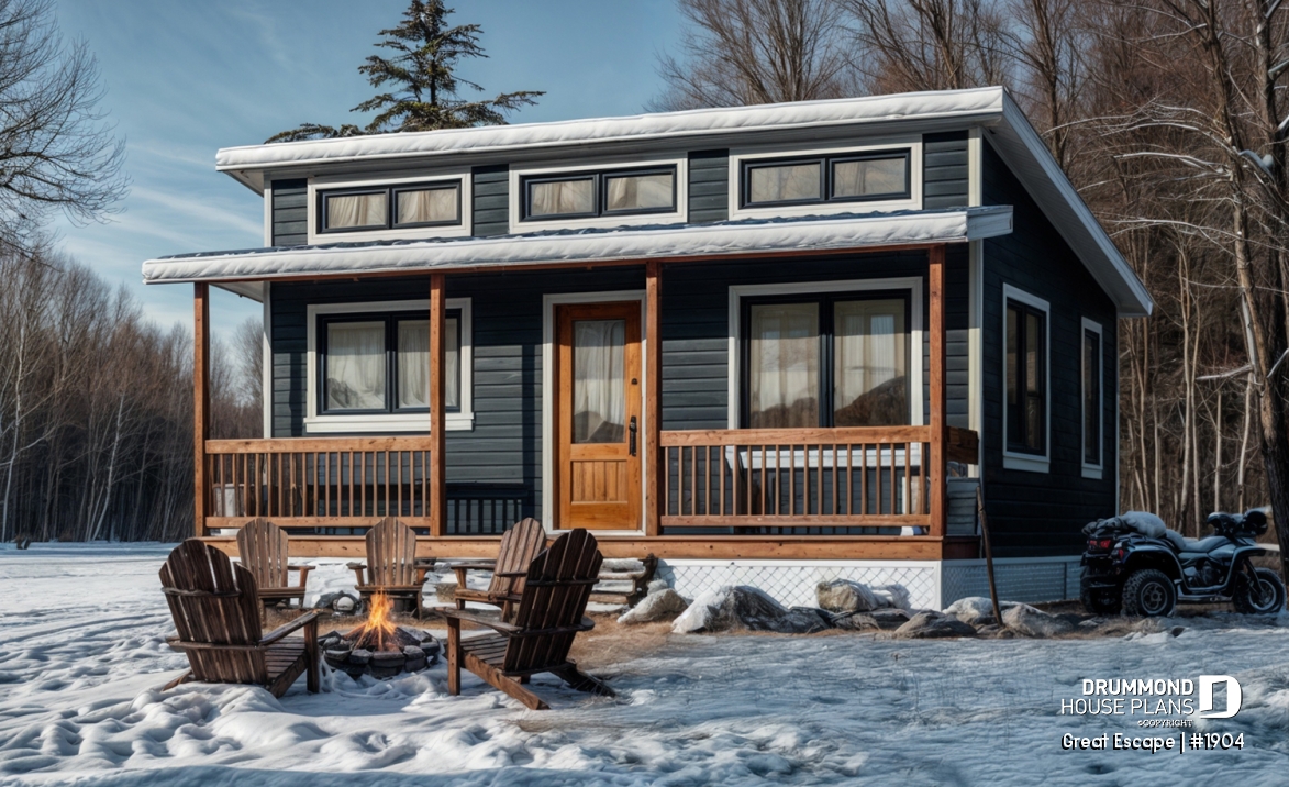 front - BASE MODEL - Affordable small 2 bedroom cabin plan, wood stove, open concept, low budget construction - Great Escape